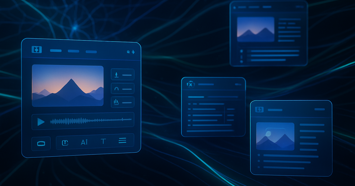 Futuristic AI content creation interface with holographic screens and neural network patterns on dark background