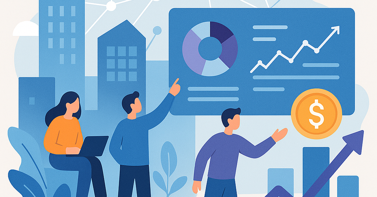 Illustration of a digital placemaking platform, showing interconnected urban elements, data visualizations, and a revenue graph, symbolizing monetization models for developers.