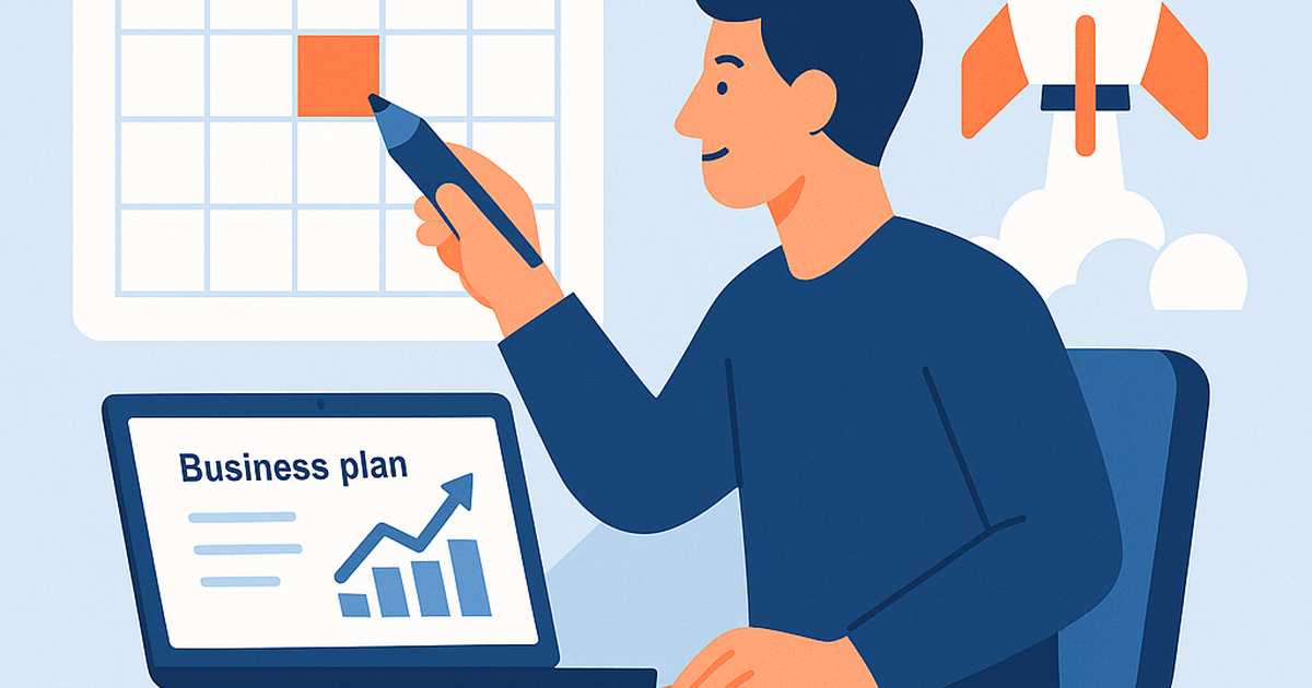 Illustration of a person planning their career transition from a corporate job to a startup, with a laptop, calendar, and a small rocket symbolizing a strategic leap.