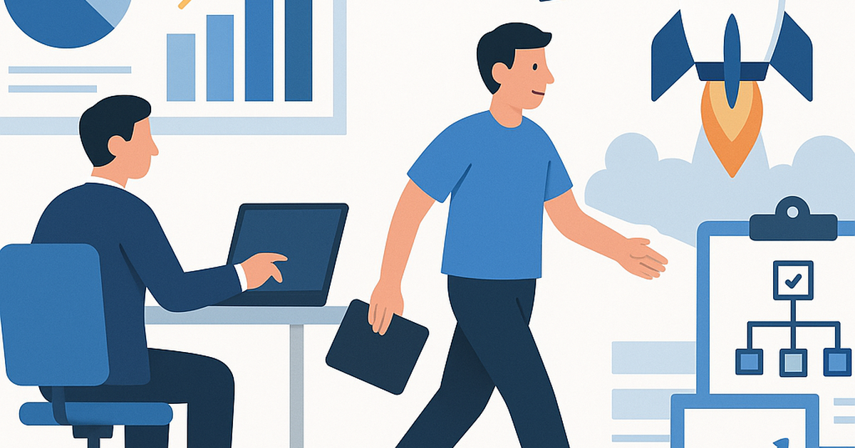 Illustration of a person moving from a desk job to a laptop, surrounded by charts and a launching rocket, symbolizing the strategic transition to a startup.