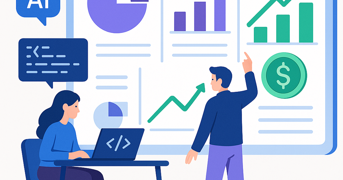 Illustration of AI developers analyzing dashboards with LLM cost tracking and ROI reports, showing data points connecting code to financial outcomes.