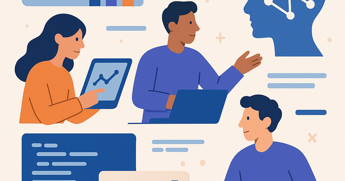 Illustration of a dashboard displaying metrics and graphs related to AI coding tool adoption and ROI, with developers working in the background.