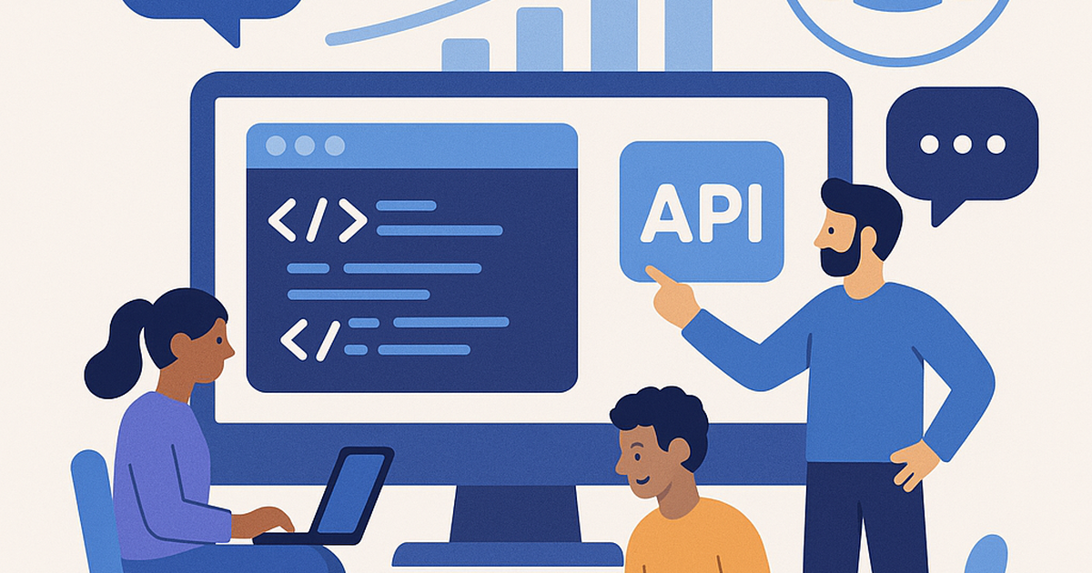 Illustration of diverse developers collaborating around a central product, symbolizing community building and audience growth for a software platform.