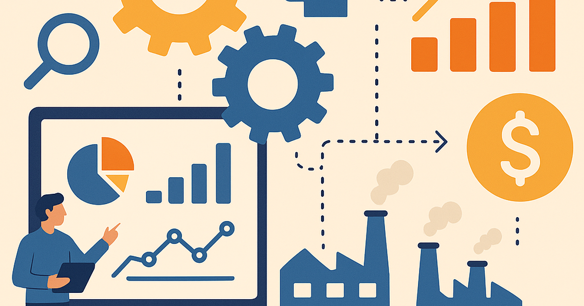 Illustration of AI in manufacturing showing data flowing into a factory, with charts and graphs indicating improved ROI and efficiency.