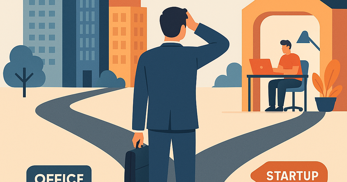 Professional figure standing at crossroads between corporate office and startup workspace representing career transition timing decision