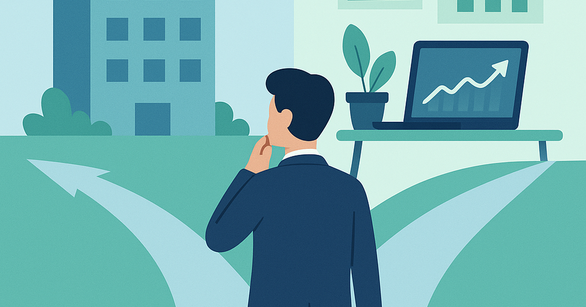 Professional person choosing between corporate employment and entrepreneurship at crossroads