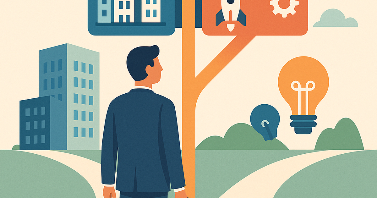 Professional entrepreneur making decision between corporate career and startup path