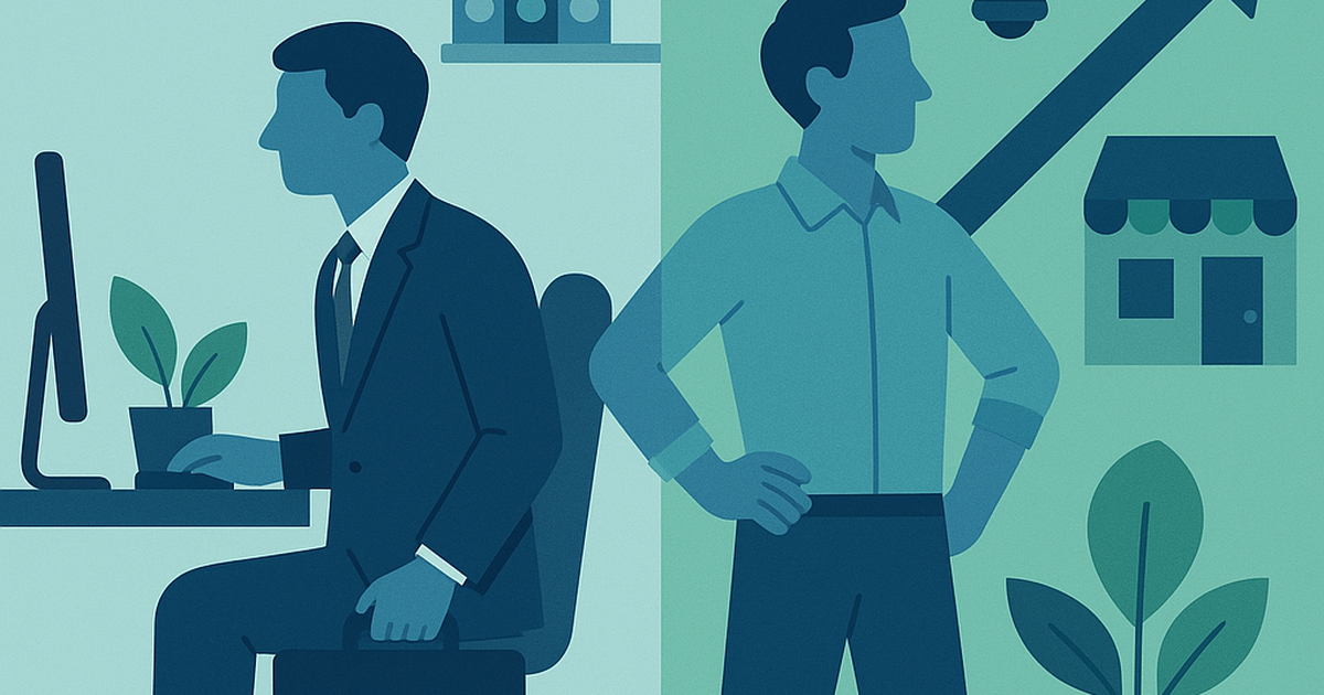 Professional transitioning from corporate employee to entrepreneur, representing career change and business startup journey
