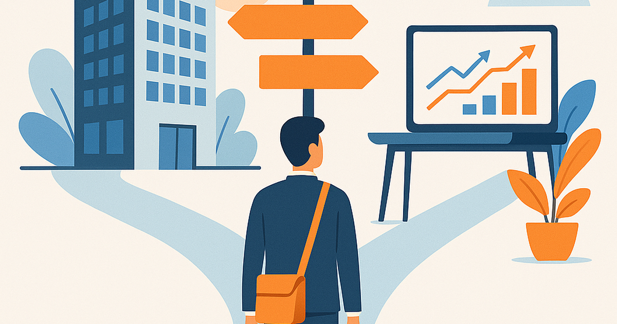 Professional contemplating the transition from corporate job to entrepreneurship, symbolized by a crossroads between office building and startup workspace