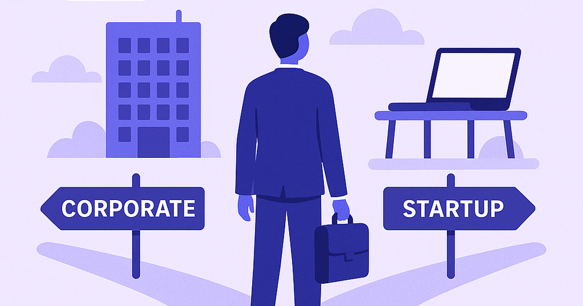 Professional person choosing between corporate job and entrepreneurship with financial planning elements