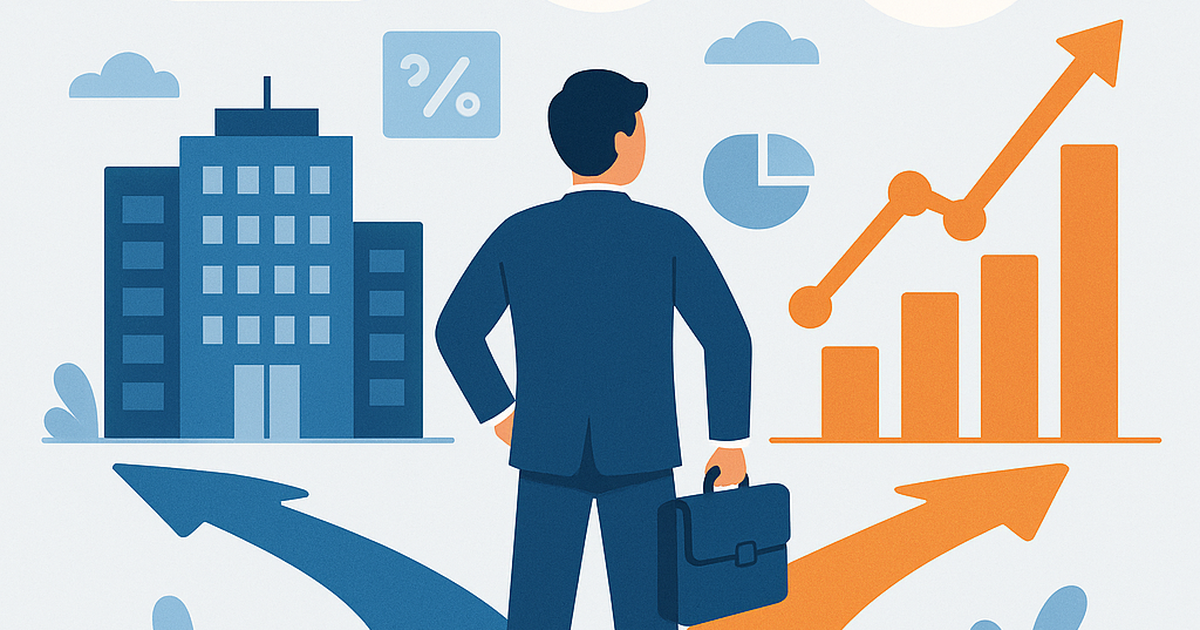 Professional entrepreneur evaluating risks at the crossroads between corporate employment and startup business with assessment charts in background