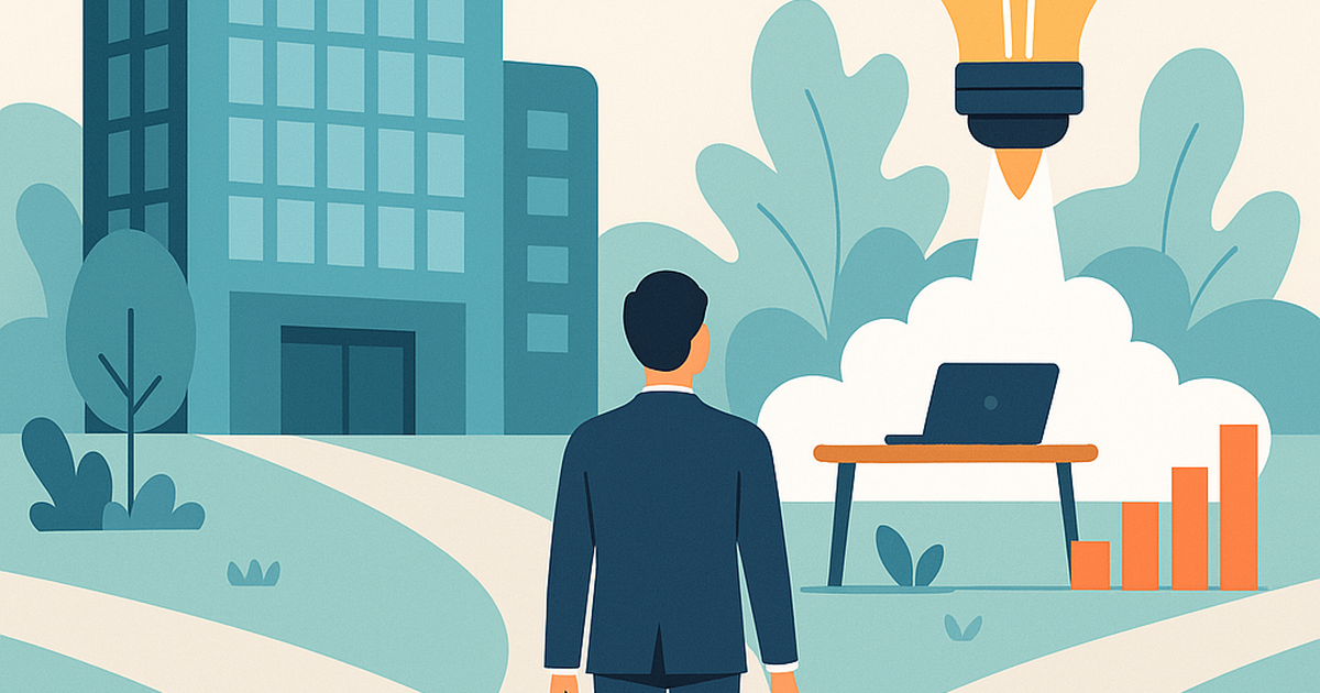 Professional illustration depicting career transition from corporate job to entrepreneurship with risk management elements