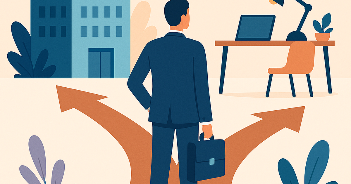 Professional person choosing between corporate employment and entrepreneurship at a symbolic crossroads
