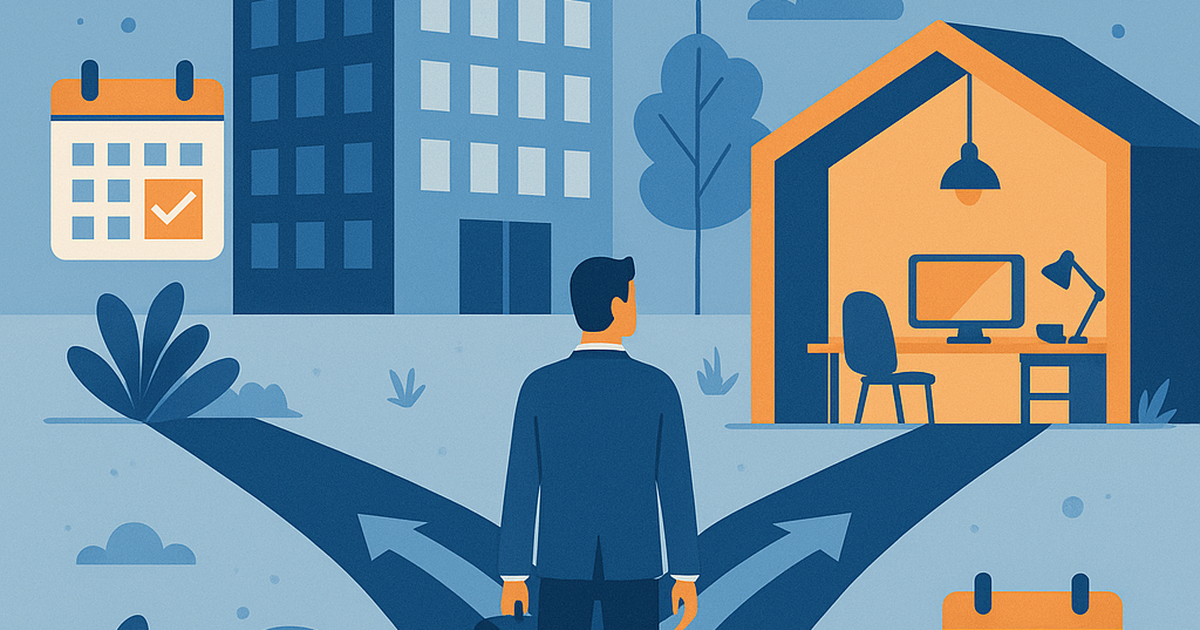 Professional standing at crossroads between corporate job and startup journey with timing elements