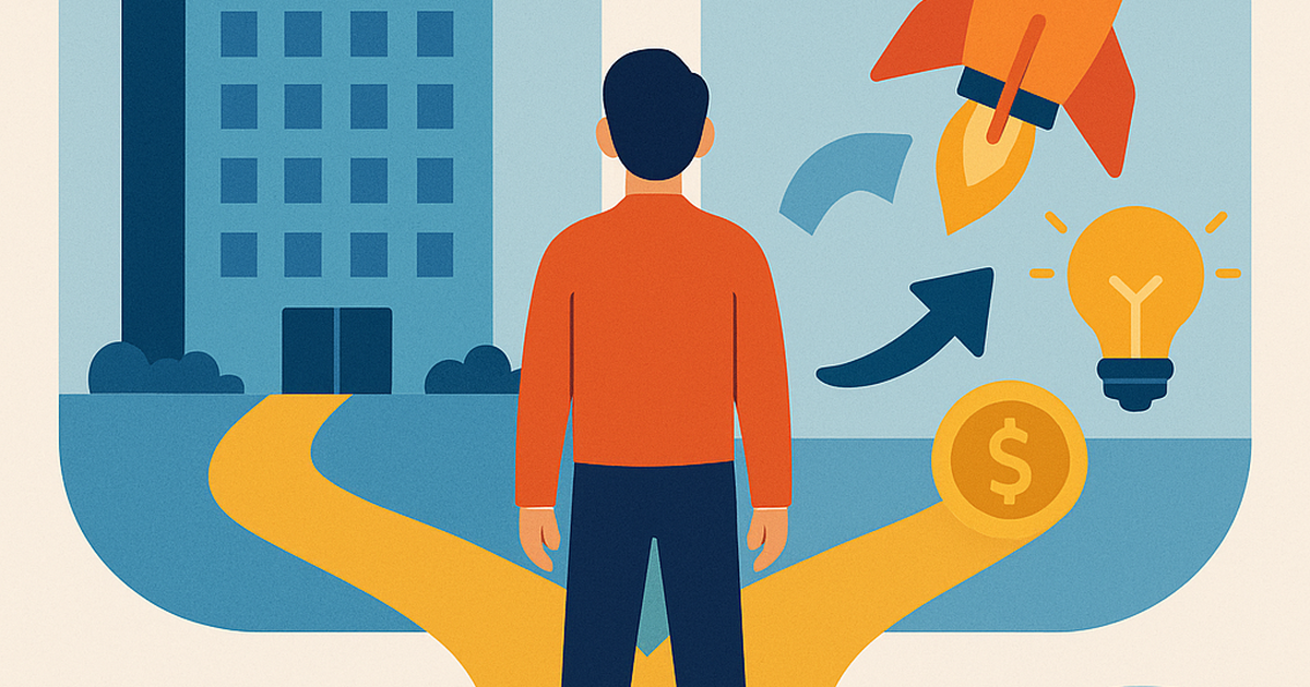Illustration of career transition from corporate employee to entrepreneur showing psychological decision-making process