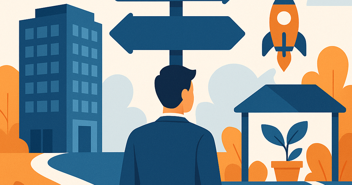 Professional standing at crossroads between corporate job and entrepreneurial startup path, illustrating career transition decision-making process