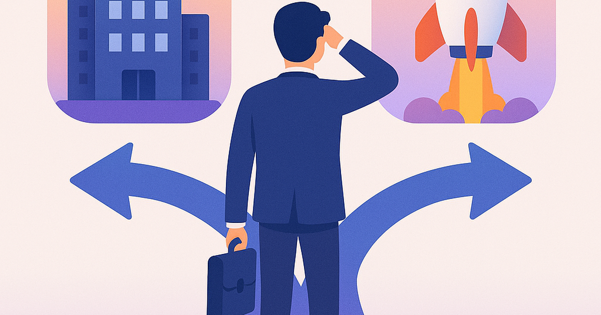 Professional illustration depicting the decision between corporate career and entrepreneurial startup journey