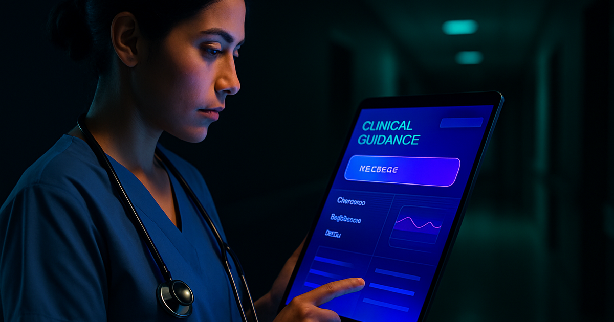 Modern nurse using tablet with real-time clinical guidance interface in hospital setting