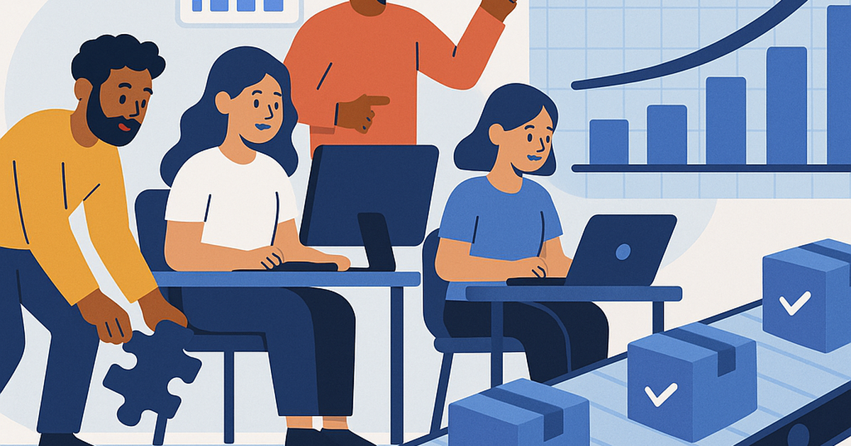 Illustration of an agency transitioning from chaotic project work to streamlined, predictable recurring revenue streams, symbolized by a smooth flow of subscription boxes.