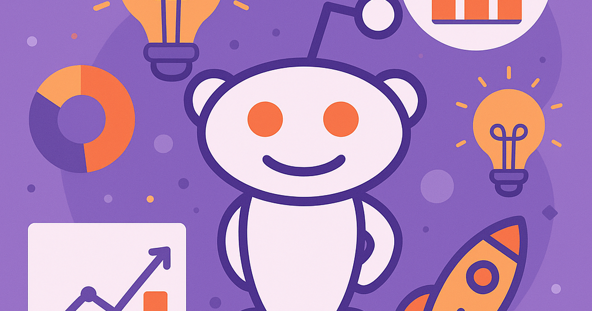 Reddit business ideas discovery illustration with mascot and startup symbols
