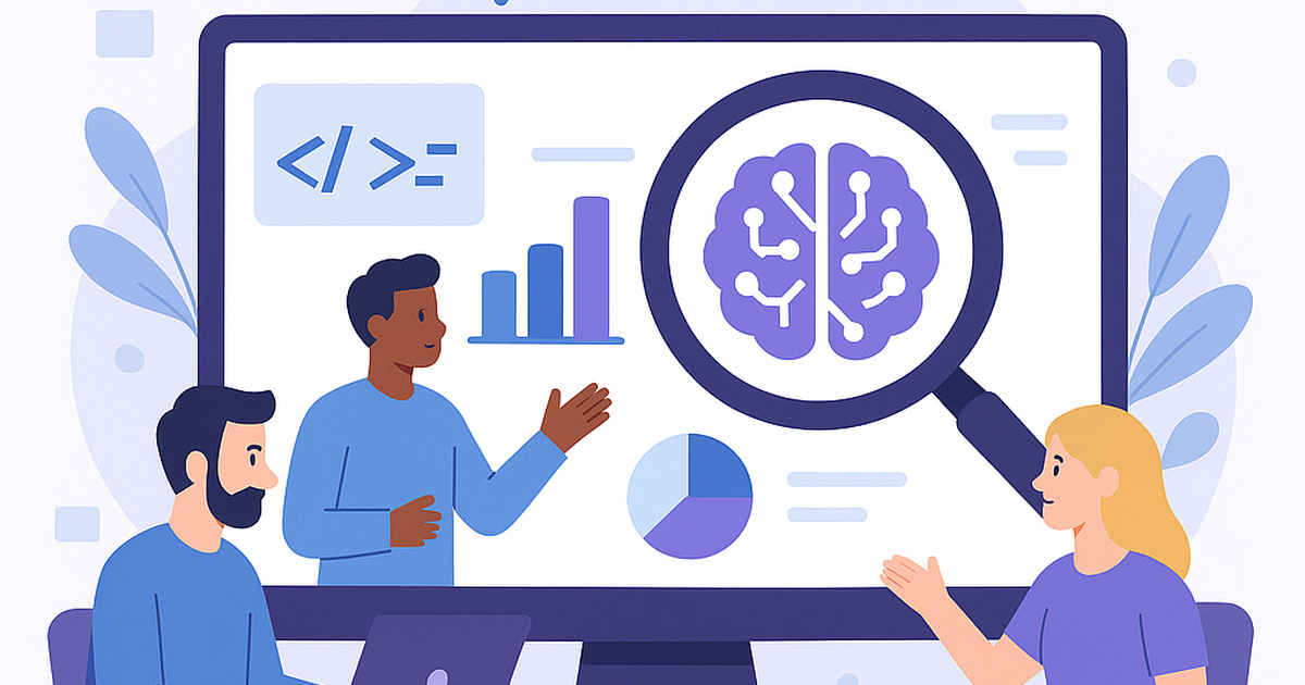 An AI-powered dashboard displaying development team analytics, with graphs, code snippets, and team collaboration icons, symbolizing insights into engineering productivity and code quality.