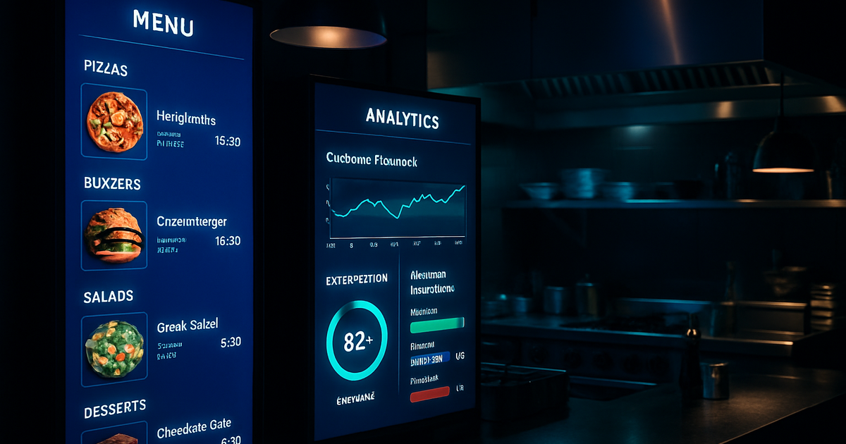 Restaurant kitchen with digital menu displays and real-time feedback analytics dashboard on dark navy background