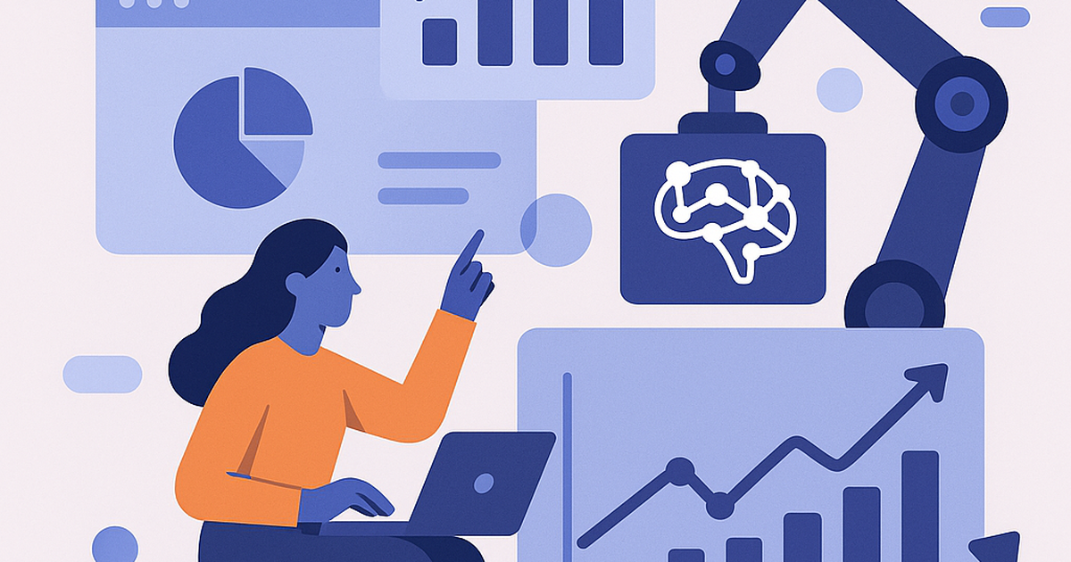 Illustration depicting the measurement and growth of AI ROI, with data visualizations, gears, and a robotic hand symbolizing enterprise AI tools and their business impact.