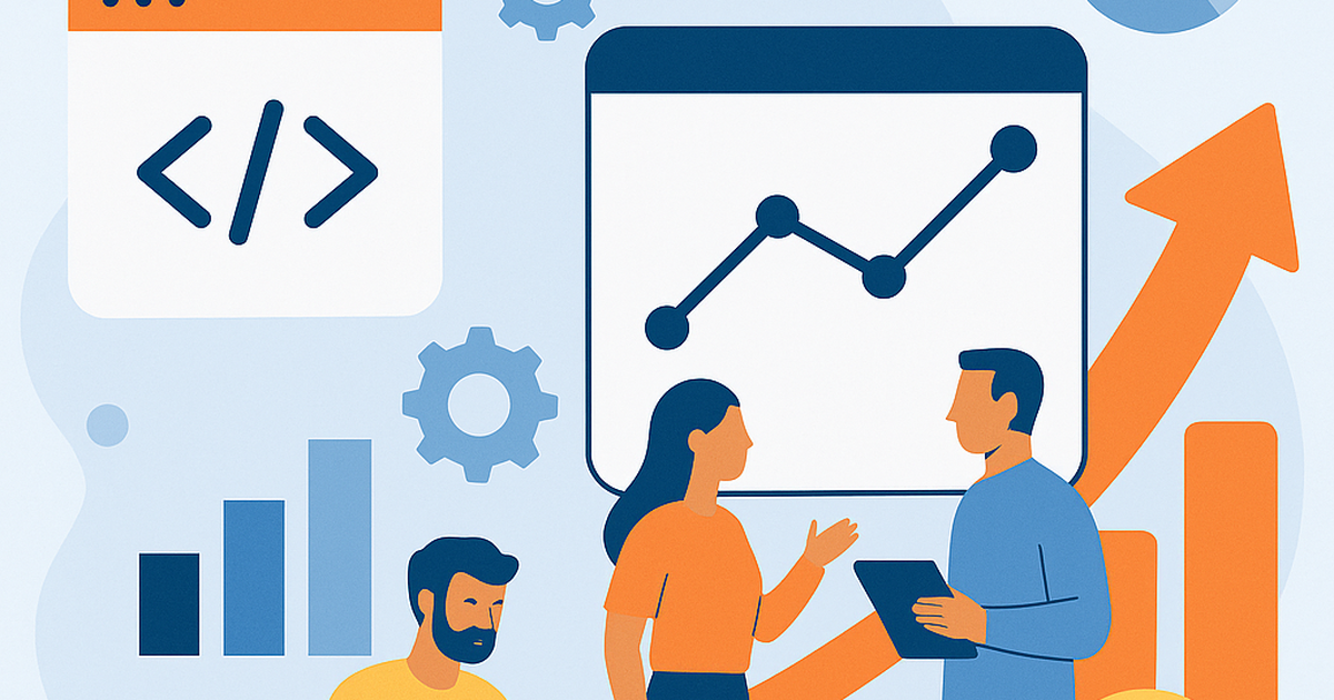 Illustration of a dashboard showing graphs and metrics, with abstract developer icons and upward trending arrows, representing ROI measurement for engineering teams.