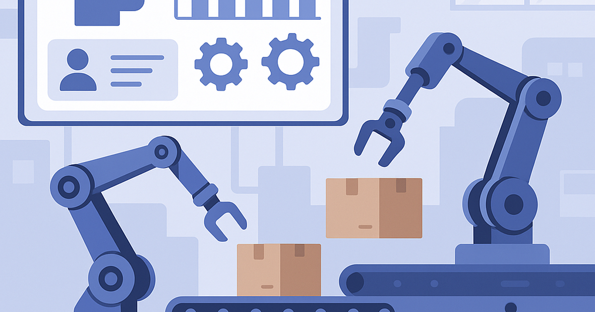 AI-powered robots and data dashboards optimizing a manufacturing production line, illustrating the ROI of AI in industrial settings.
