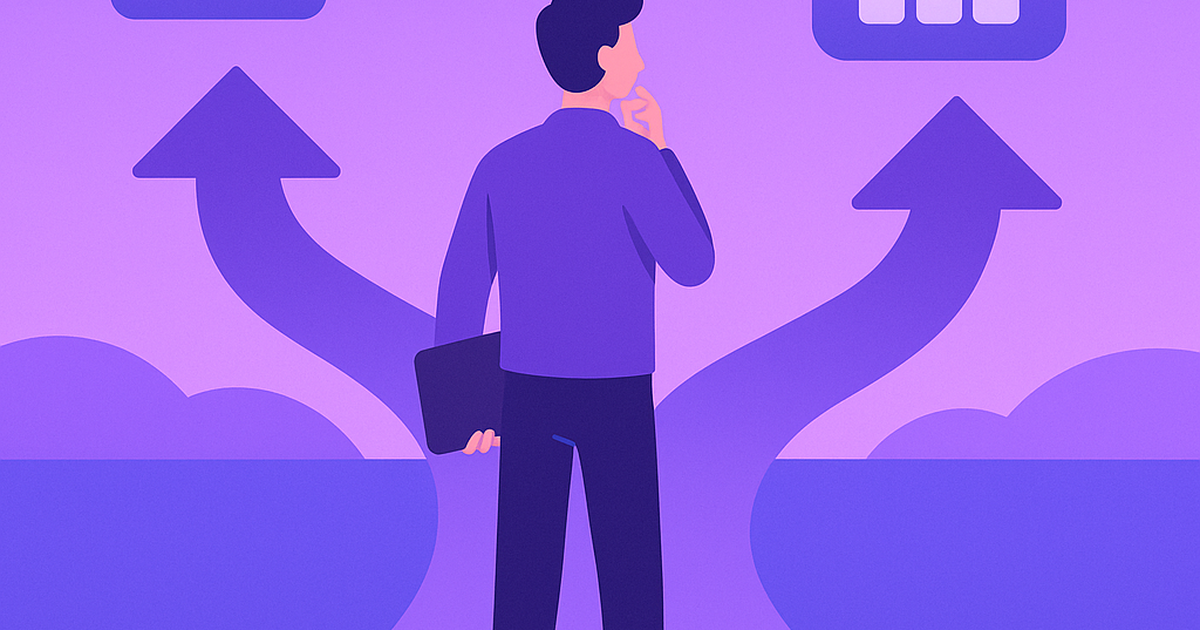 Illustration of SaaS founder choosing between custom development and low-code platforms at a decision crossroads