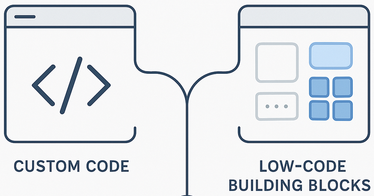 Illustration depicting the choice between custom development and low-code platforms for SaaS founders, showing branching decision paths with technical elements