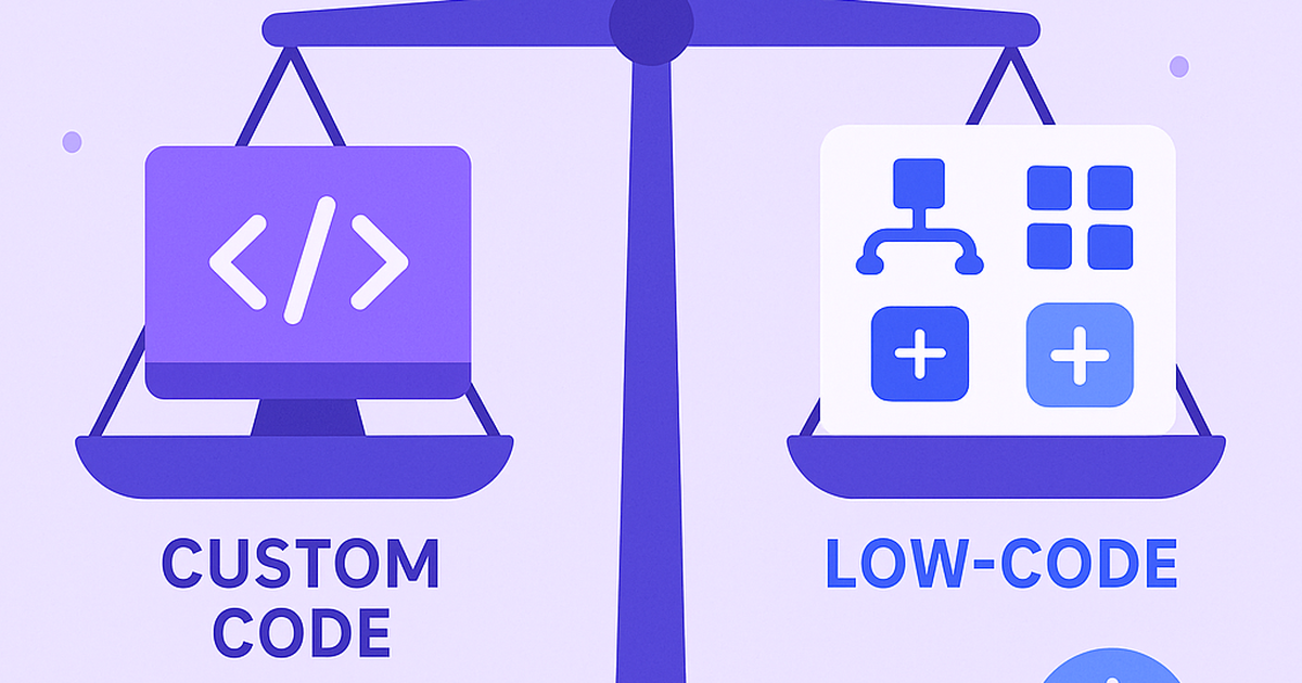 Balance scale comparing custom development versus low-code platforms with cost and time symbols representing founder decision-making challenges