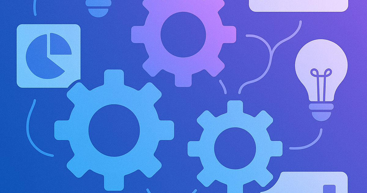 Illustration of SaaS idea generation process with gears, lightbulbs and data visualization elements