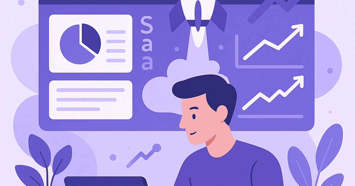 SaaS solopreneur working on laptop with growth metrics and launch elements in background