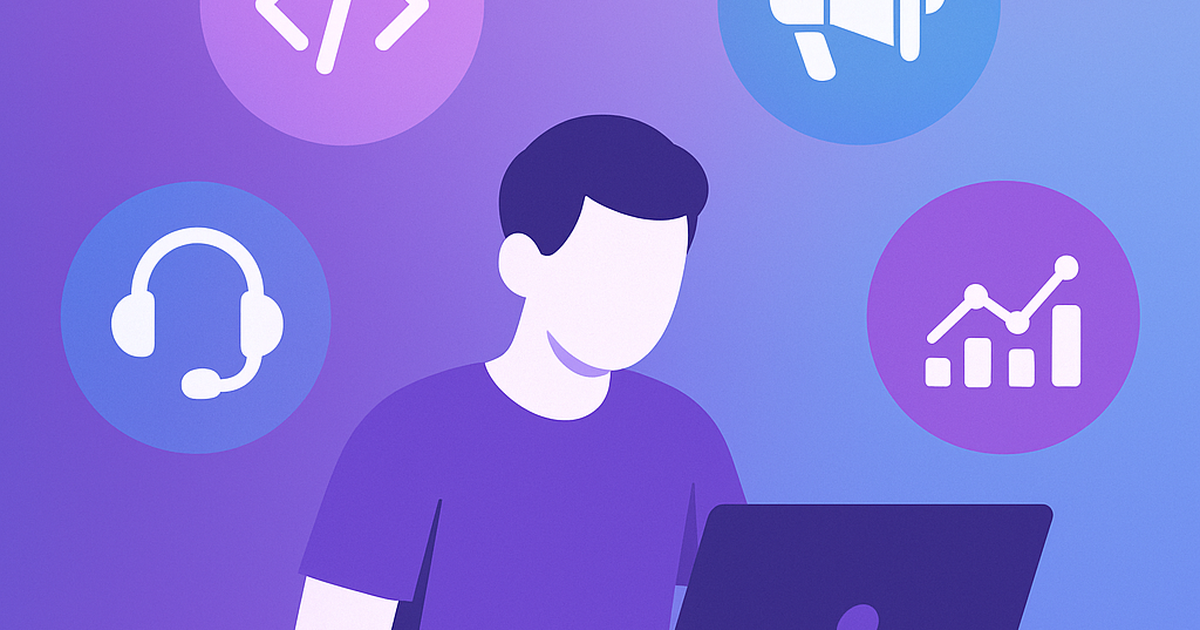 Illustration of a solo entrepreneur managing multiple business functions including development, marketing, and customer support