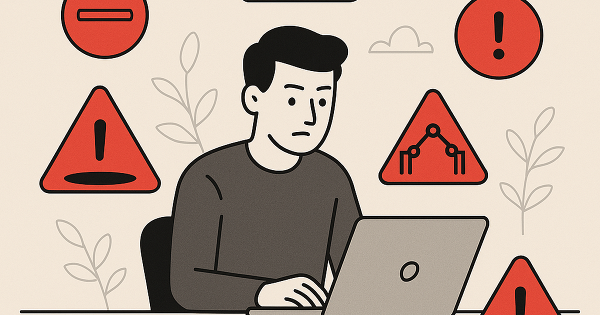 Solo entrepreneur working on laptop with warning signs and obstacles representing common SaaS mistakes around them