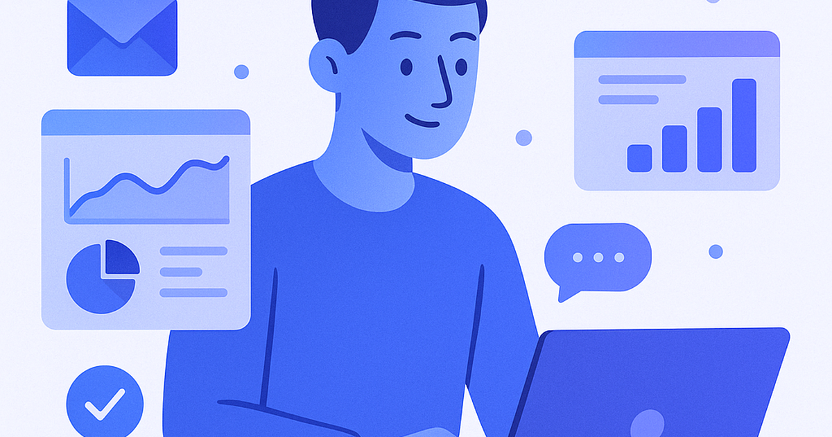 Solo entrepreneur working with various SaaS tools and digital dashboards in a modern flat design illustration