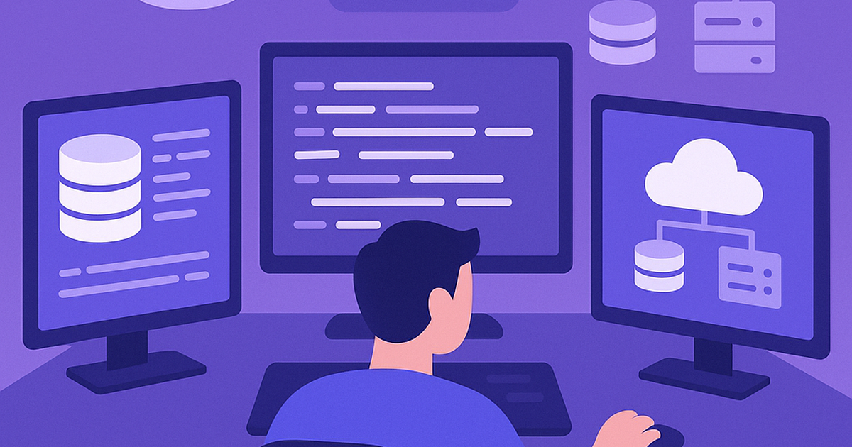 Solo developer working on SaaS technical implementation with multiple development tools and infrastructure components displayed on screens
