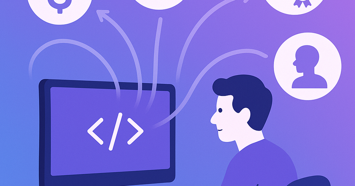 Illustration of solopreneur developer with multiple revenue streams flowing from computer screen