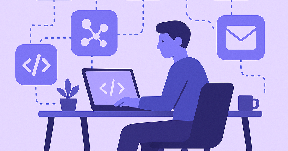 Solopreneur developer working with integrated tool stack and automated workflows