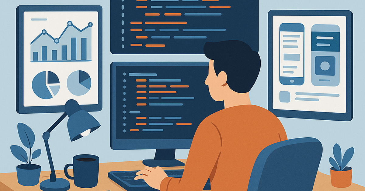 Solo developer working on multiple software projects with modern development tools and analytics displays