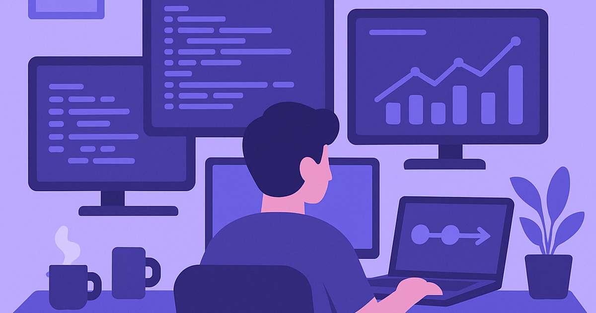 Solopreneur software developer workspace showing multiple development tools and analytics dashboards