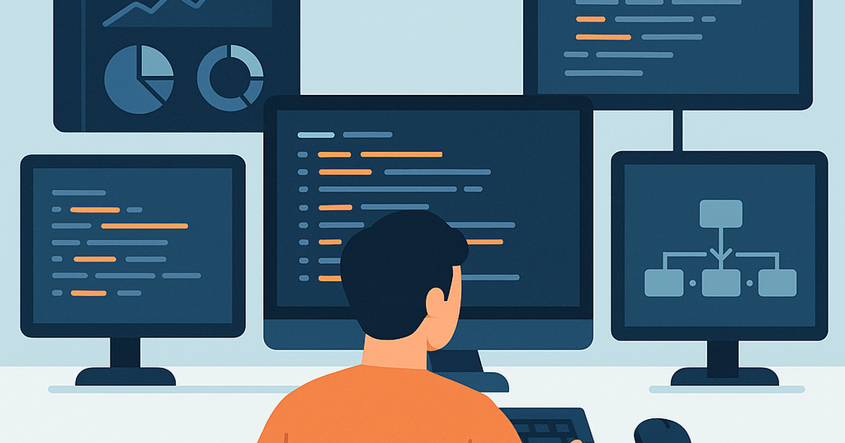 Solo developer workspace with multiple development tools and monitoring dashboards for solopreneur software development