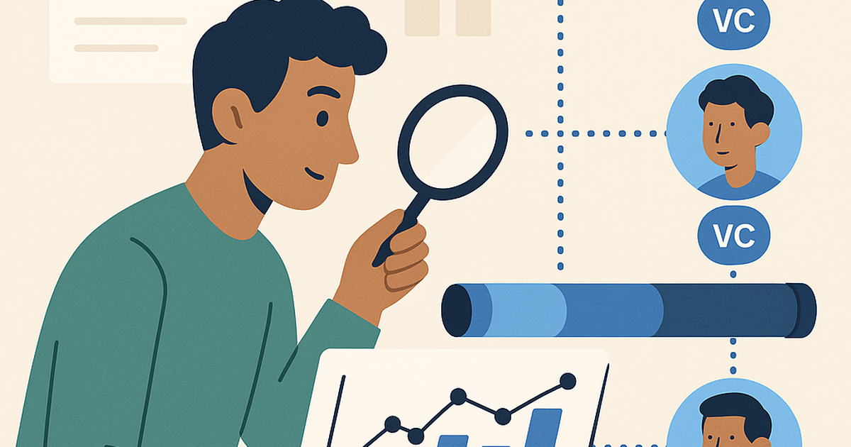 Illustration of a founder using data and a systematic approach to research and connect with venture capitalists for deal sourcing.