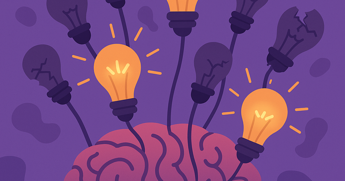 Illustration of psychological biases affecting startup idea evaluation with brain and lightbulb metaphors