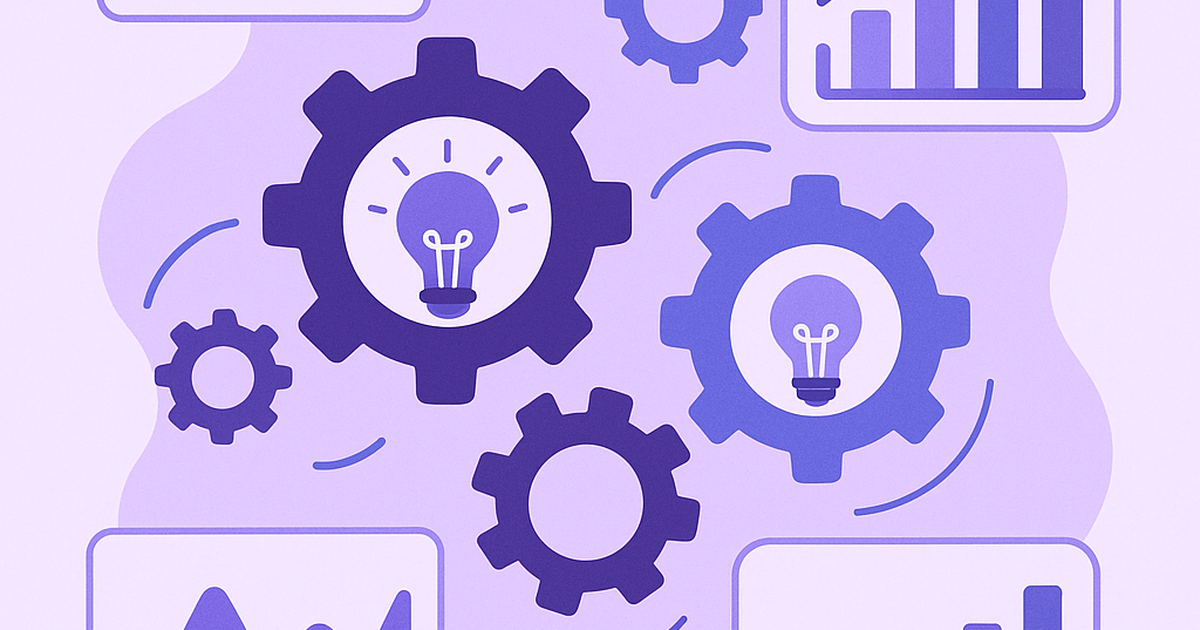 Systematic startup idea generation workflow illustration with connected gears, lightbulbs and data visualization elements