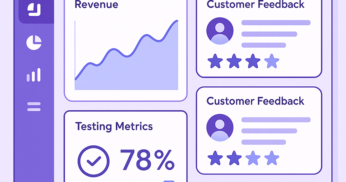 Startup idea validation framework dashboard showing revenue metrics and customer testing results