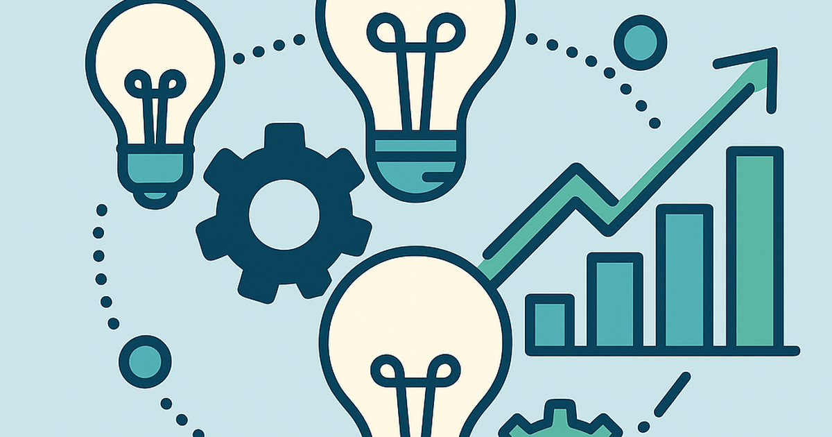 Startup idea discovery framework illustration with lightbulbs, gears and growth charts
