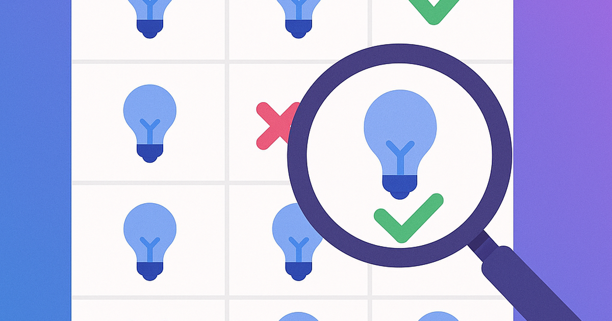 Startup validation concept illustration showing idea evaluation process with magnifying glass and decision matrix