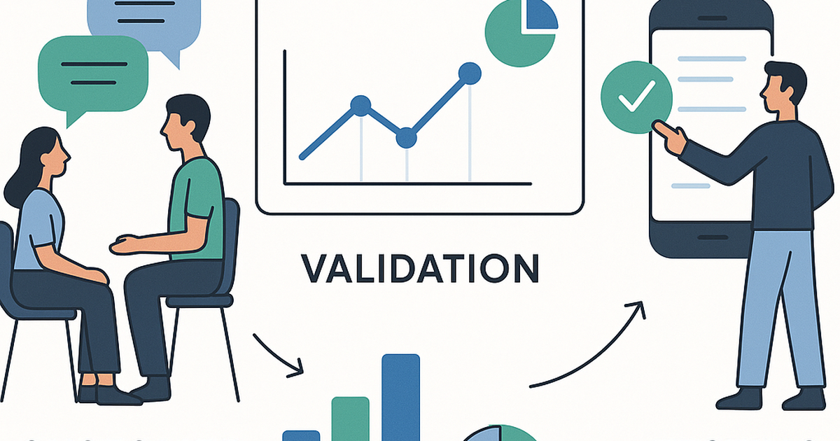 Startup validation process illustration showing market research, customer interviews, and product testing phases